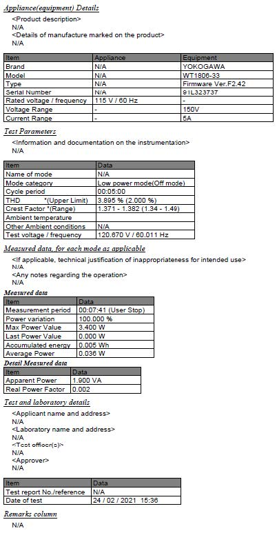 그림 6 대기전력 측정을 위한 IEC62301 표준 예시 테스트 보고서 | Yokogawa 테스트 및 측정