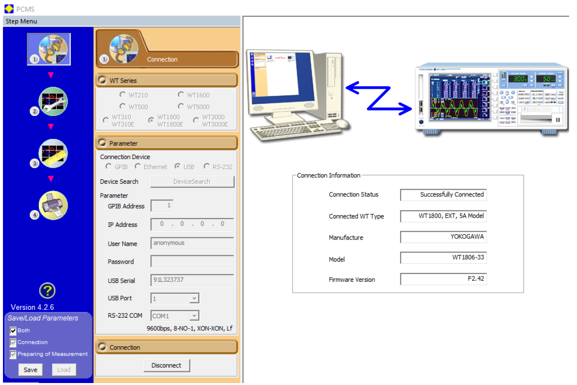 그림 2 성공적으로 연결된 전력 분석기를 보여주는 연결 화면 | Yokogawa 테스트 및 측정